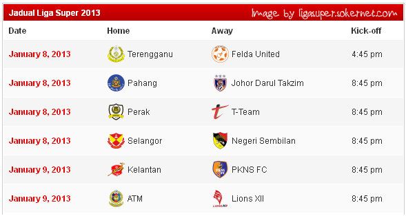 jadual liga super Malaysia musim 2013 januari