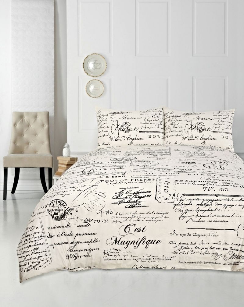 Retro SCRIPT French Vintage Quilt Doona Cover Set SINGLE, DOUBLE, QUEEN