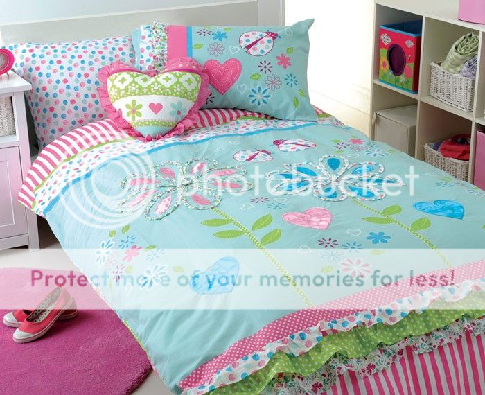 Girls Flower Garden Appliqued Blue Pink Single Quilt DOONA Cover Set 