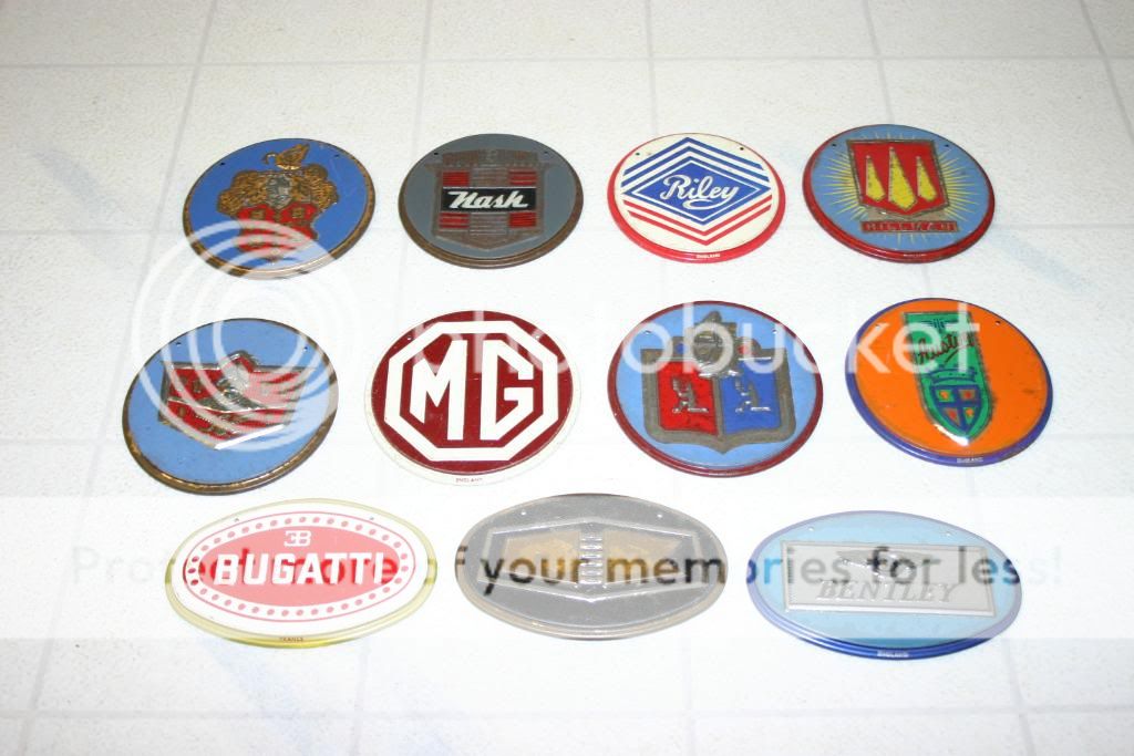 Lot of General Mills vintage tin car emblems emblem MG Bentley Bugatti 